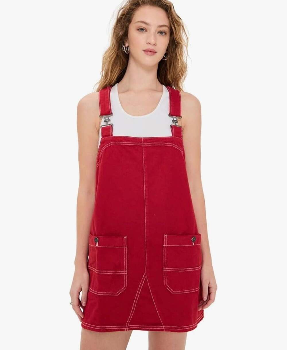 We The Free Mini Smock Red Denim Overalls Dress Size Large